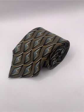 Studio Z Olive Tie with Blue and Gold Geometric Motif